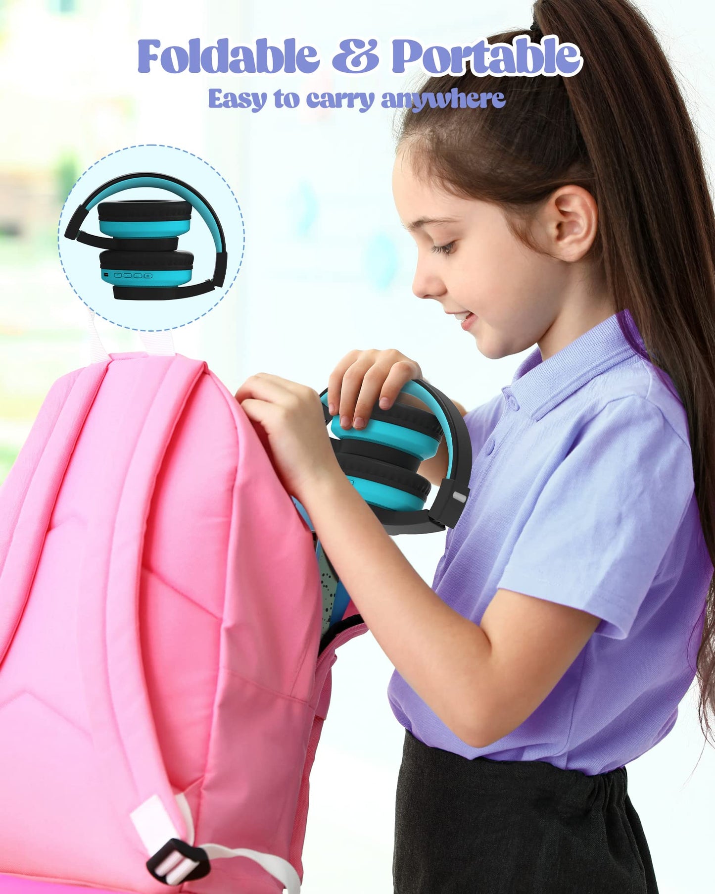 Kids Headphones, Wireless, LED Lights, Built-in Mic, Volume Limited - Blue