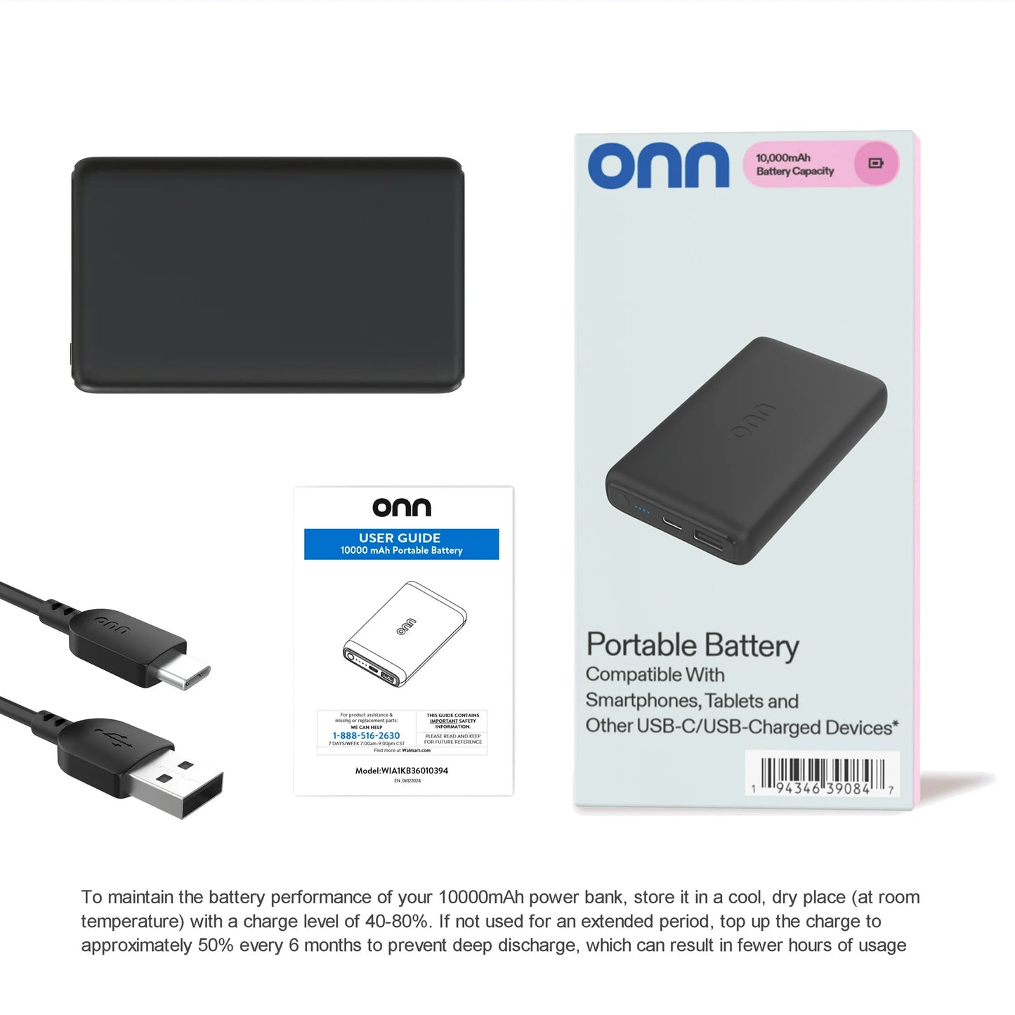 Onn Juice 10000 mAh Portable Battery Pack, Black