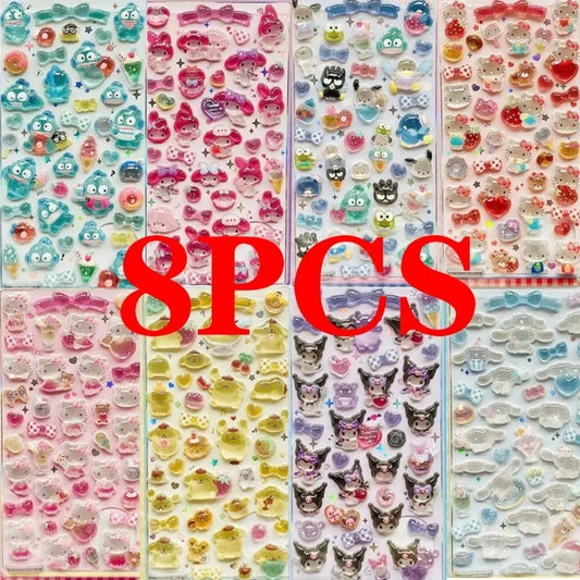 3D Sanrio Hellokitty Kuromi Cinnamoroll Stickers Cute Anime Transparent Jelly Crystal Decorative Sticker Phone Case DIY Kids Toy